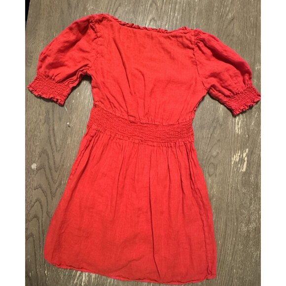 Zara Linen Red Mini Linen Puff Sleeve Dress Medium Button Stretch Waist Party - Picture 4 of 12